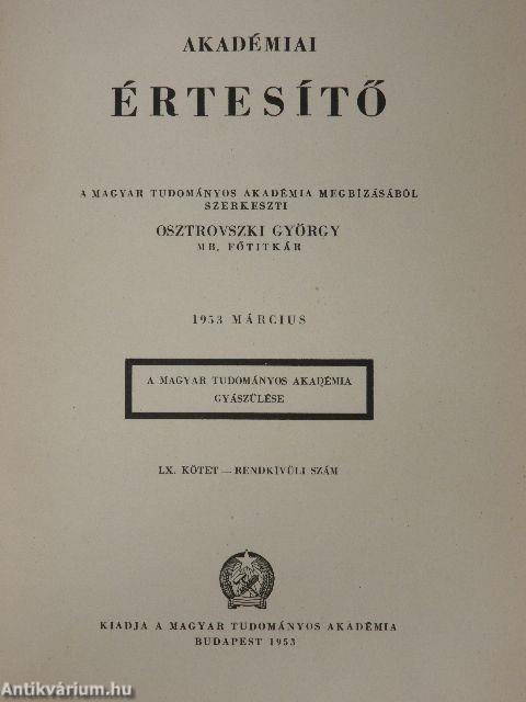 Akadémiai Értesítő 1953. január-május, augusztus-december (nem teljes évfolyam)