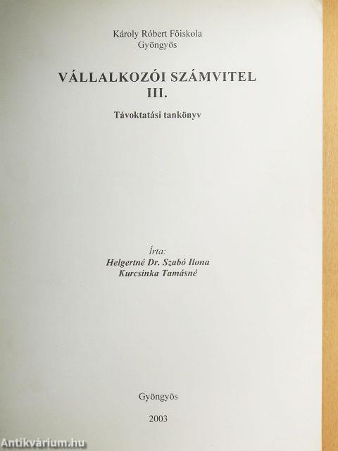Vállalkozói számvitel III.