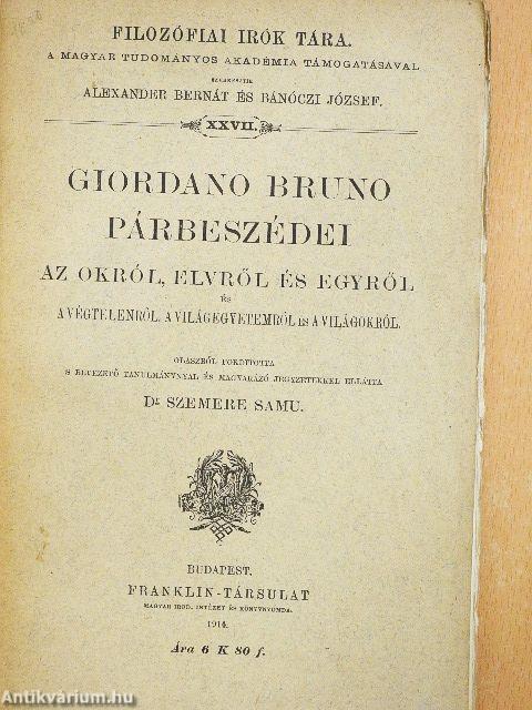 Giordano Bruno párbeszédei az Okról, Elvről és Egyről és a Végtelenről, a Világegyetemről és a Világokról