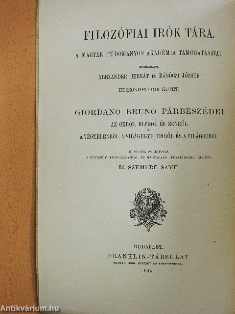 Giordano Bruno párbeszédei az Okról, Elvről és Egyről és a Végtelenről, a Világegyetemről és a Világokról