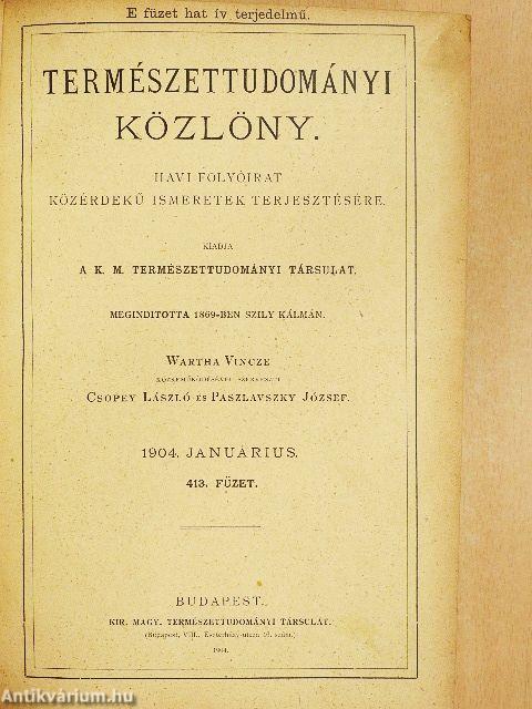 Természettudományi Közlöny 1904. január-december/Pótfüzetek a Természettudományi Közlönyhöz 1904. január-december