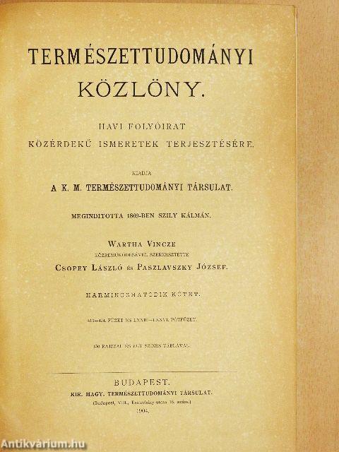 Természettudományi Közlöny 1904. január-december/Pótfüzetek a Természettudományi Közlönyhöz 1904. január-december