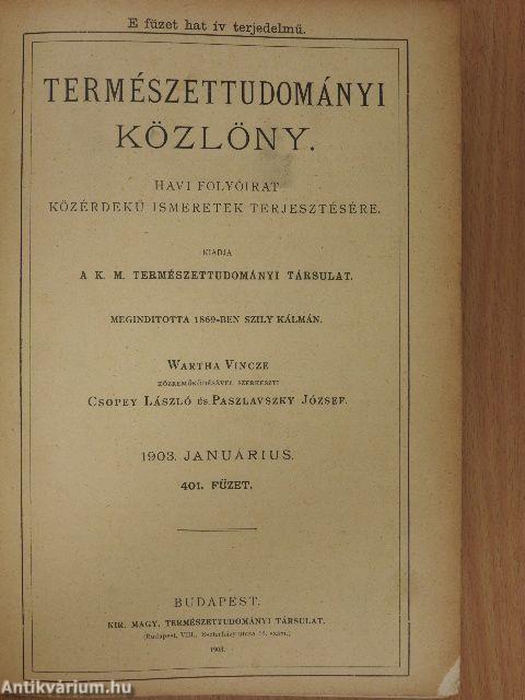 Természettudományi Közlöny 1903. január-december/Pótfüzetek a Természettudományi Közlönyhöz 1903. január-december