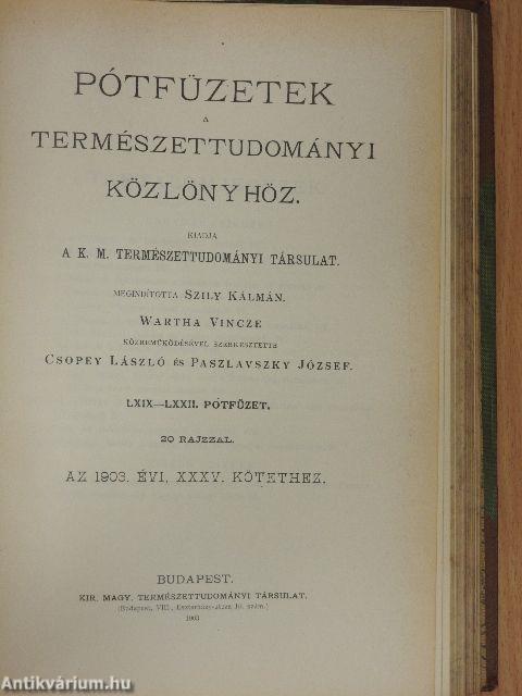 Természettudományi Közlöny 1903. január-december/Pótfüzetek a Természettudományi Közlönyhöz 1903. január-december