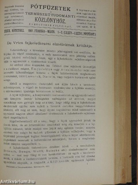 Természettudományi Közlöny 1907. január-december/Pótfüzetek a Természettudományi Közlönyhöz 1907. január-december