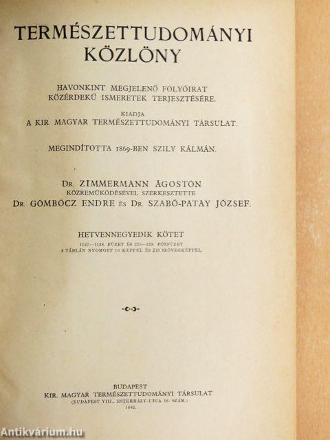 Természettudományi Közlöny 1942. január-december/Pótfüzetek a Természettudományi Közlönyhöz 1942. január-december