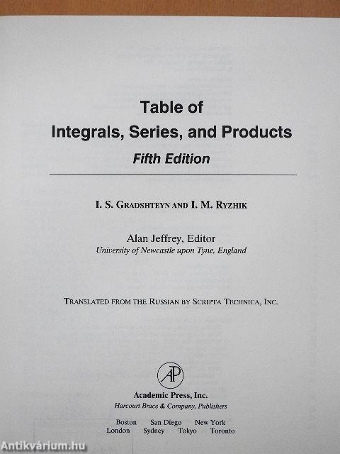 Table of Integrals, Series, and Products