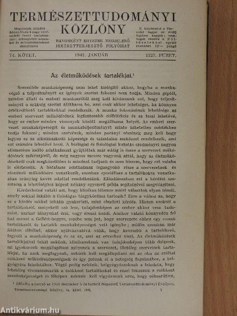 Természettudományi Közlöny 1942. január-december/Pótfüzetek a Természettudományi Közlönyhöz 1942. január-december