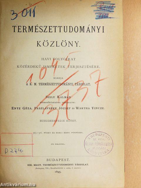 Természettudományi Közlöny 1895. január-december/Pótfüzetek a Természettudományi Közlönyhöz 1895. január-december