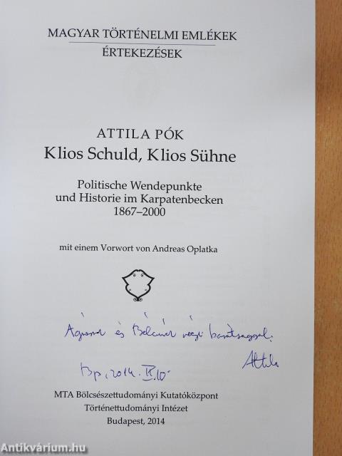 Klios Schuld, Klios Sühne (dedikált példány)
