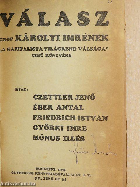 Válasz gróf Károlyi Imrének "A kapitalista világrend válsága" cimű könyvére