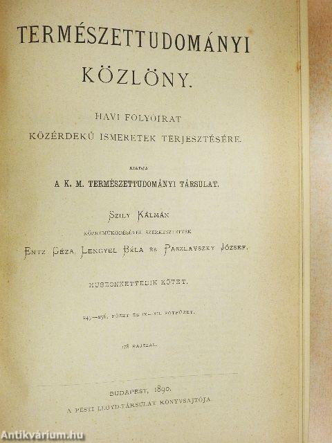 Természettudományi Közlöny 1890. januárius-december/Pótfüzetek a Természettudományi Közlönyhöz 1890. januárius-október