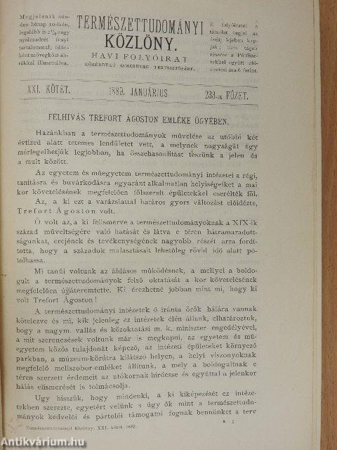Természettudományi Közlöny 1889. januárius-december/Pótfüzetek a Természettudományi Közlönyhöz 1889. januárius-október