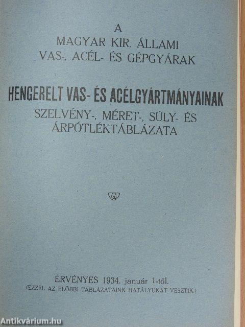 Hengerelt vas- és acélgyártmányainak szelvény-, méret-, súly és árpótléktáblázata