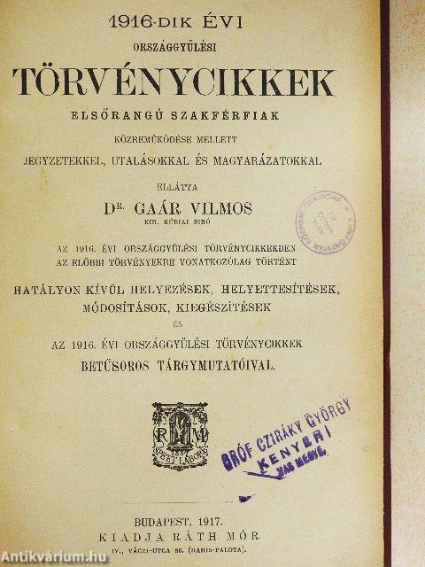 1916-dik évi országgyűlési törvénycikkek