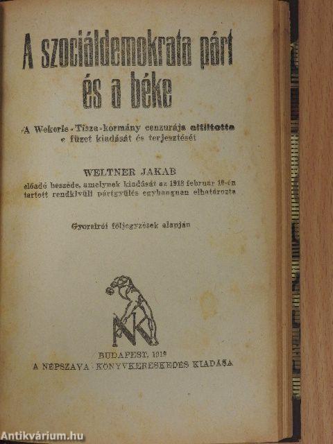 A szocializmus/Szindikalizmus és szociáldemokrácia/Marx és Engels élete/Marx Károly történelmi jelentősége/A szociáldemokrata párt és a béke/A szocializmus utja