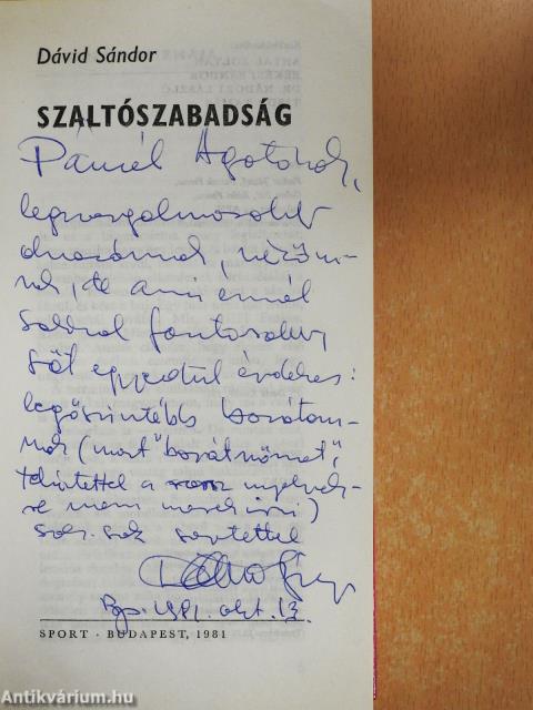 Szaltószabadság (dedikált példány)