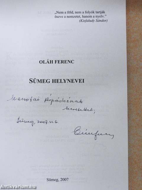 Sümeg helynevei (dedikált példány)