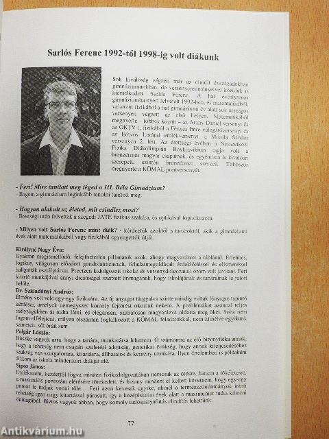 A bajai III. Béla Gimnázium emlékkönyve a 2000. év előtt