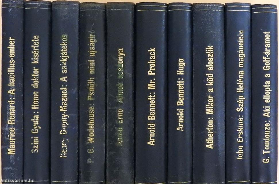 "10 kötet szépirodalmi mű egységes könyvkötőit félbőr kötésben a Pantheon Irodalmi Intézet kiadásában"