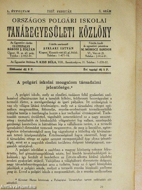 Országos Polgári Iskolai Tanáregyesületi Közlöny 1937. február