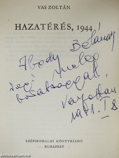 Hazatérés, 1944 (dedikált példány)