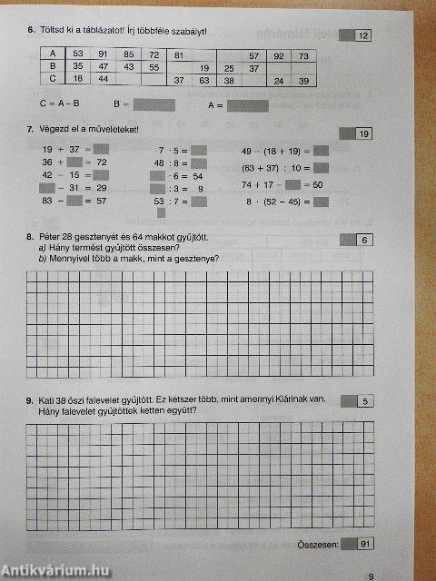 Matematika felmérőfüzet - Harmadik évfolyam