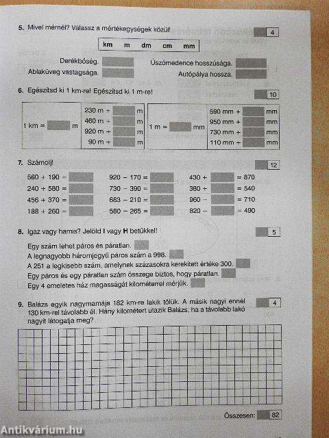 Matematika felmérőfüzet - Harmadik évfolyam