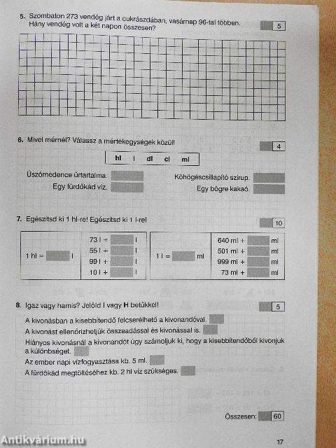 Matematika felmérőfüzet - Harmadik évfolyam