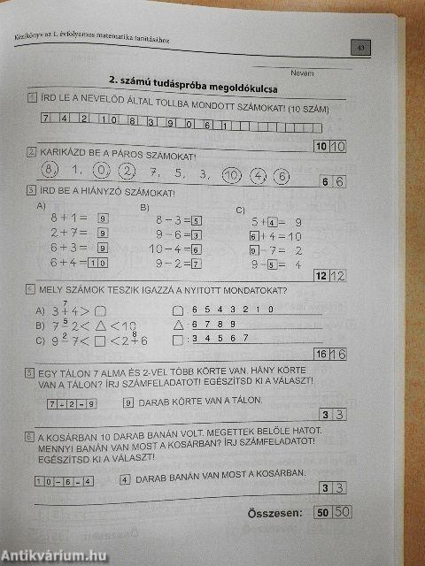 Kézikönyv az 1. évfolyamos matematika tanításához