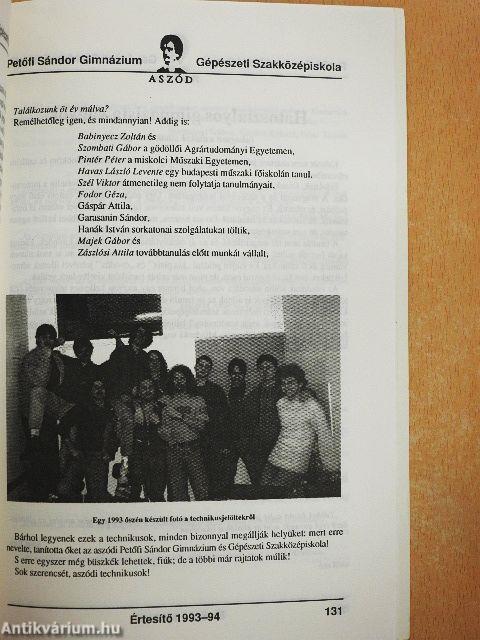 Az Aszódi Petőfi Sándor Gimnázium és Gépészeti Szakközépiskola Értesítője az 1993-94-ös tanévről