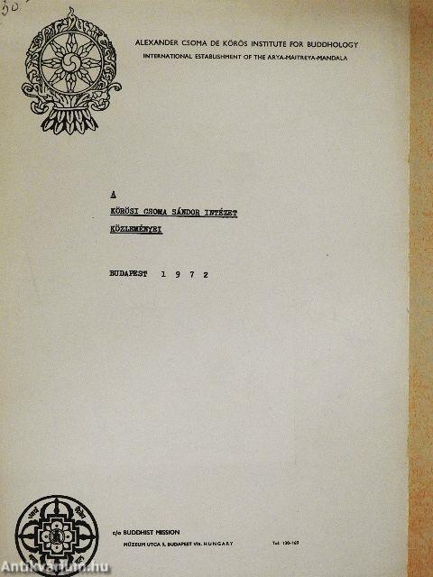A Körösi Csoma Sándor Intézet közleményei 1972