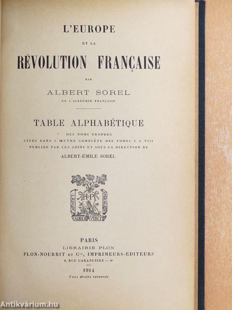 L'Europe et la Révolution Francaise I-VIII./Table Alphabétique