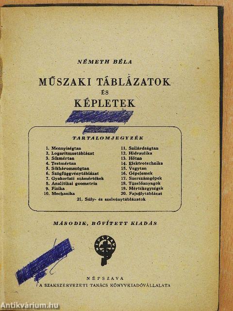 Műszaki táblázatok és képletek