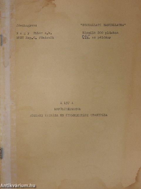 M 137 A Repülőgépmotor műszaki leírása és üzemeltetési utasítása