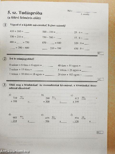 Tudáspróbák, felmérések - Matematika 3. osztály