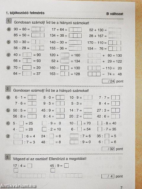 Felmérő feladatsorok - matematika 3. osztály