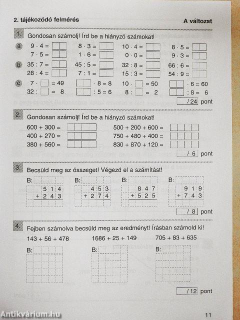 Felmérő feladatsorok - matematika 3. osztály
