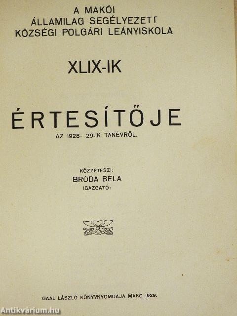 A makói államilag segélyezett községi Polgári Leányiskola XLIX-ik értesítője az 1928-29-ik tanévről