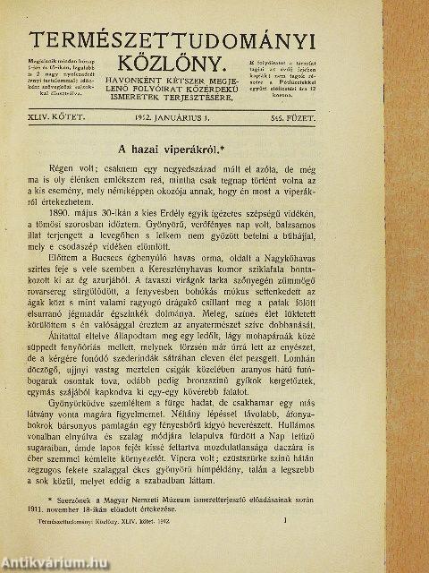 Természettudományi Közlöny 1912. január-december/Pótfüzetek a Természettudományi Közlönyhöz 1912. január-december