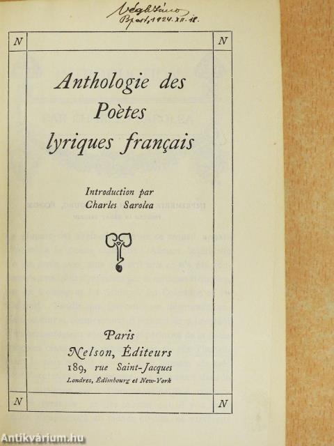 Anthologie des Poétes Lyriques Francais