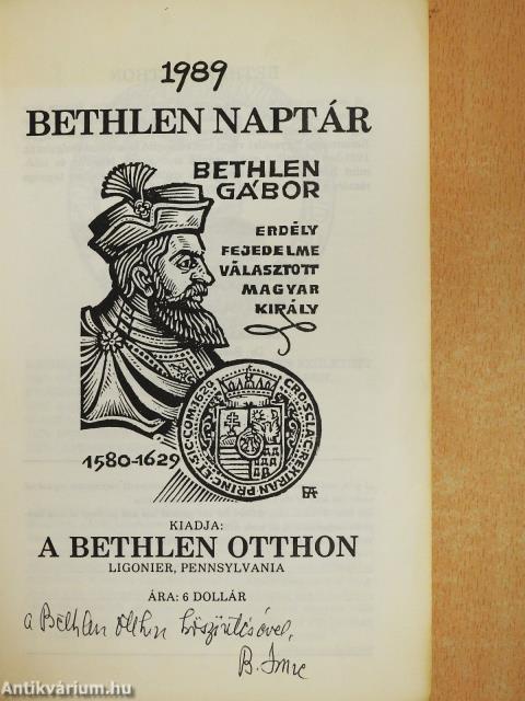 Bethlen naptár és évkönyv 1989 (dedikált példány)