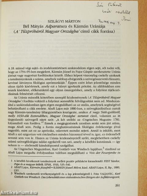 Bél Mátyás Adparatusa és Kármán Urániája (dedikált példány)