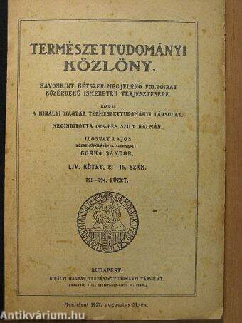 Természettudományi Közlöny 1922. julius 1.-augusztus 15.