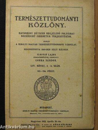 Természettudományi Közlöny 1922. márczius 1.-április 15.