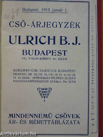 Ulrich B. J. cső-árjegyzék Budapest, 1913. január 1.