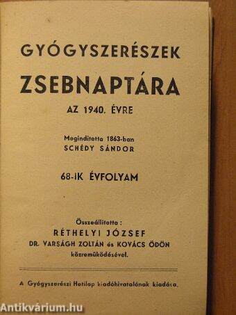 Gyógyszerészek zsebnaptára az 1940. évre