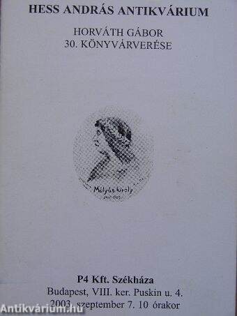 Hess András Antikvárium - Horváth Gábor 30. könyvárverése