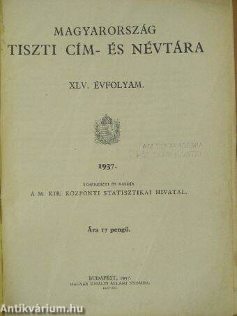 Magyarország tiszti cím- és névtára 1937.