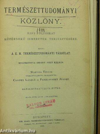 Természettudományi Közlöny 1900. január-december/Pótfüzetek a Természettudományi Közlönyhöz 1900. január-december